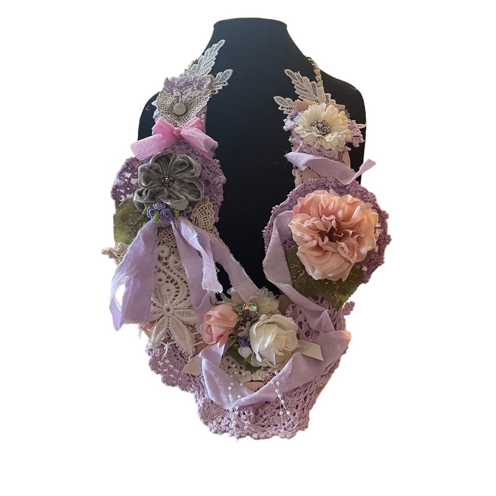 Shabby chic lace boho statement necklace lavender pink cream flowers and bling